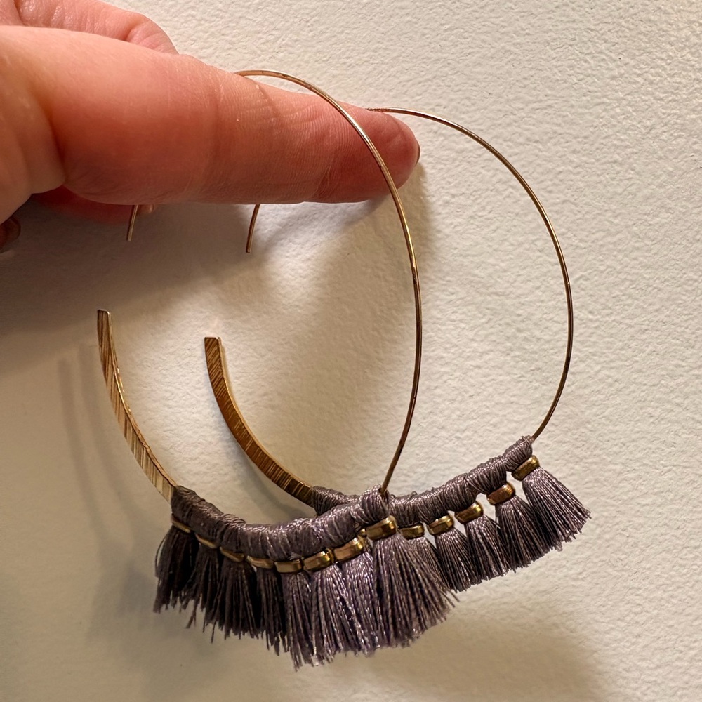Gold and Gray Tassel Hoop Earrings